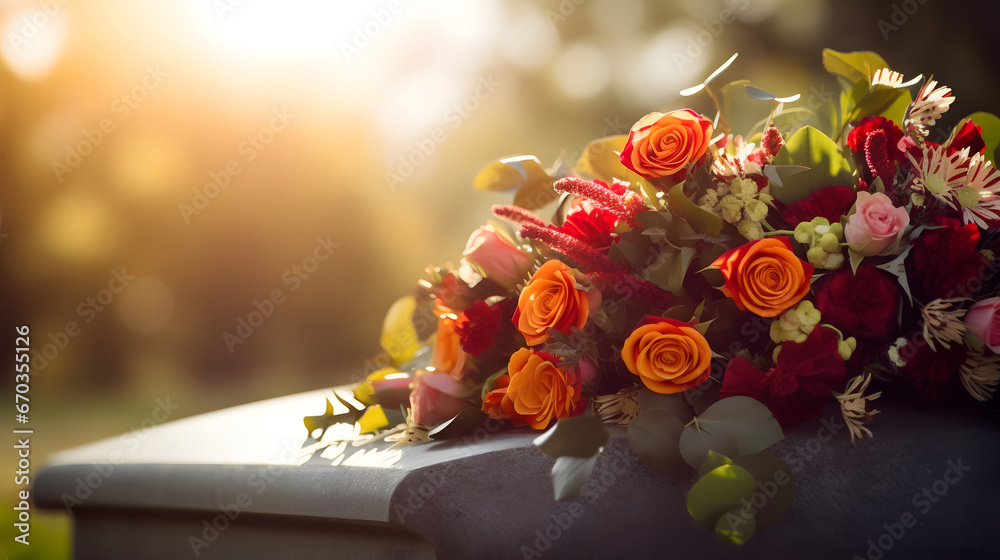 Blurred bouquet of flowers blossoms on a table With copyspace for text