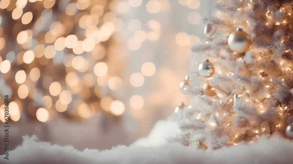 christmas lights on the snow, Beautiful bright and white Christmas defocused blurred background with Christmas tree lights in the evening.