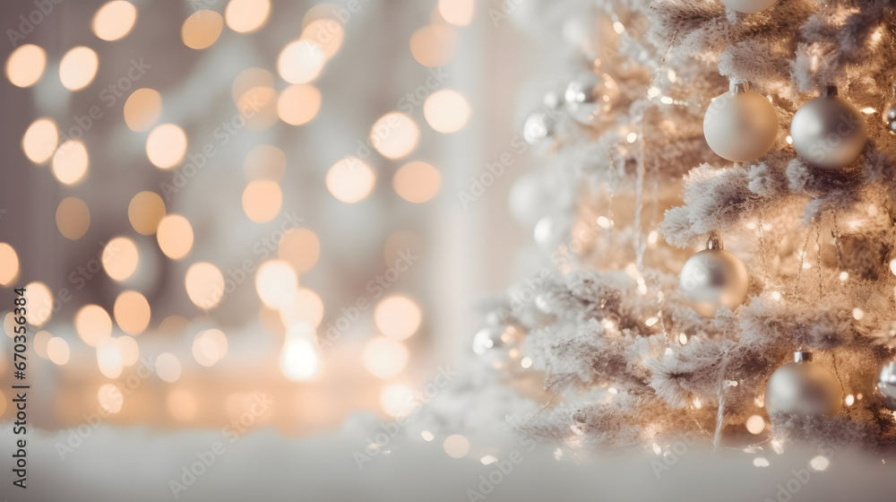 christmas lights on the snow, Beautiful bright and white Christmas defocused blurred background with Christmas tree lights in the evening.