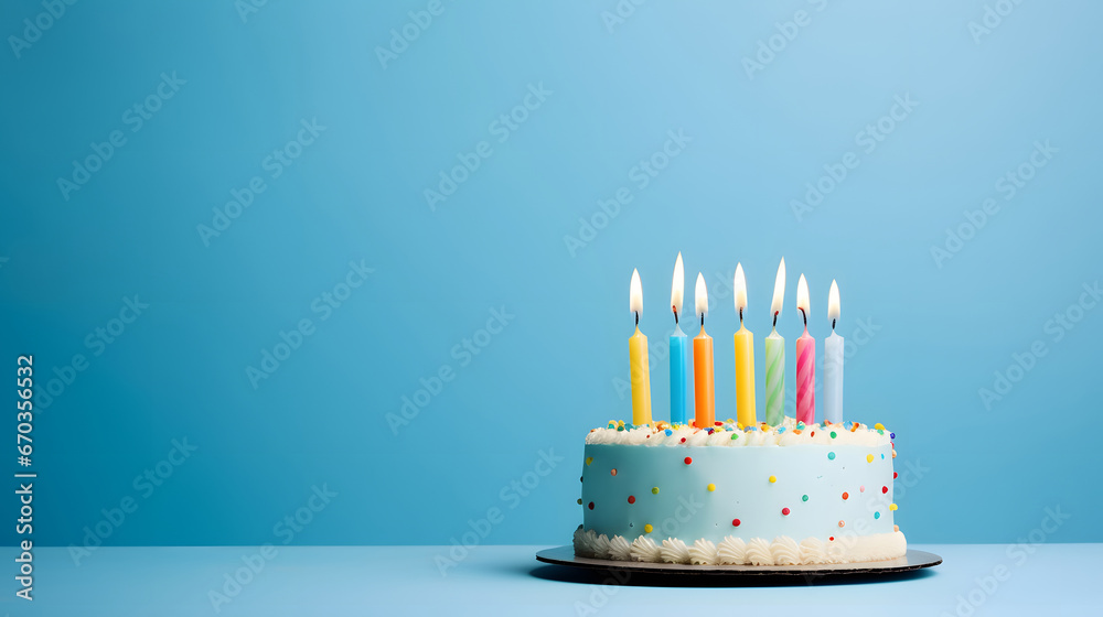 birthday cake with candle on blue background