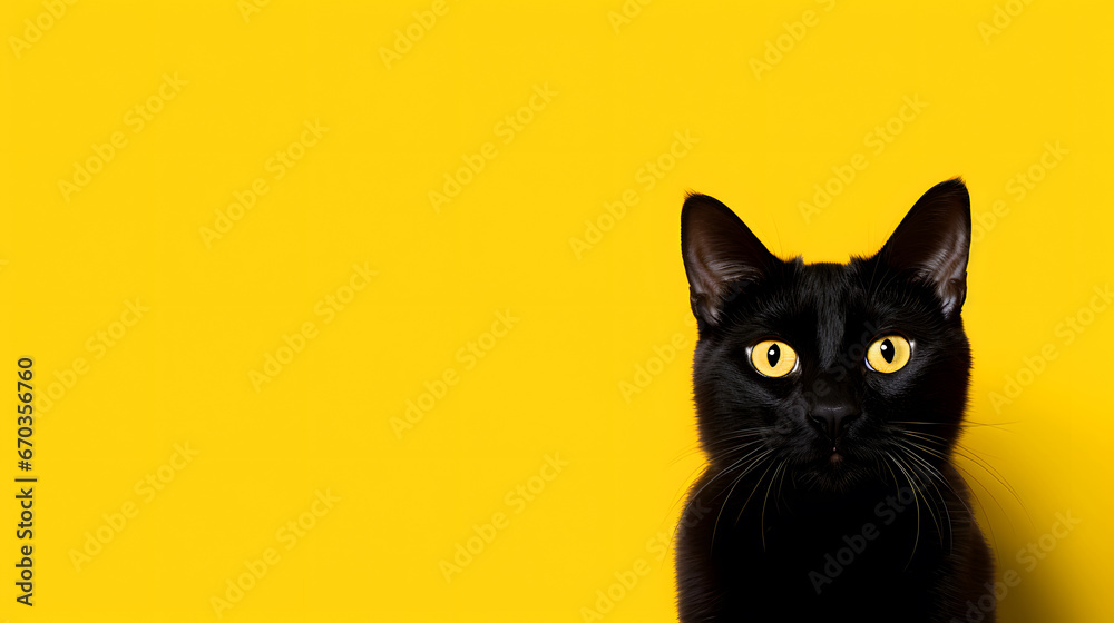 black cat on yellow background with copy space