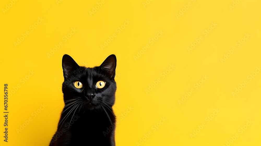 black cat on yellow background with copy space