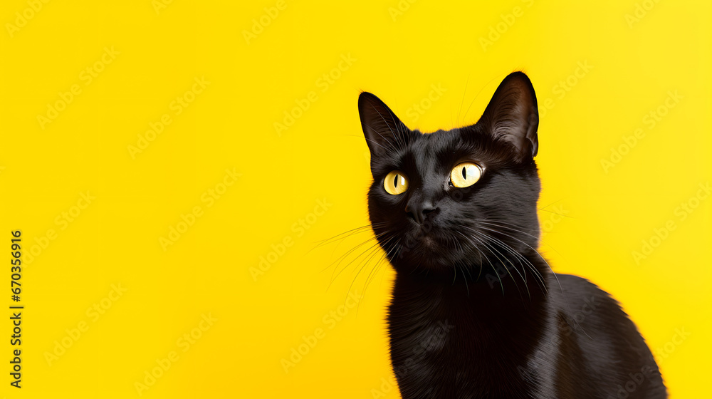 black cat on yellow background with copy space