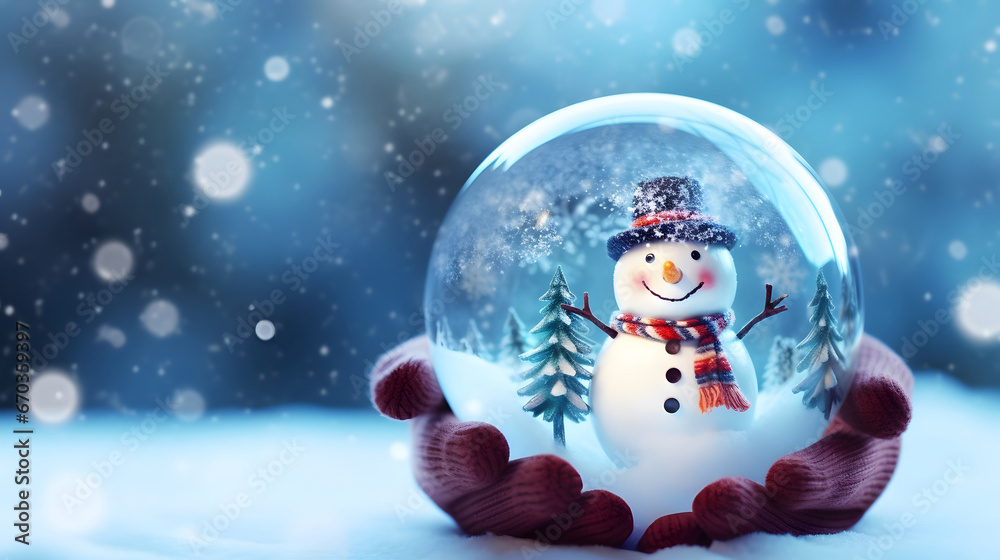 christmas decoration on a blue background, Christmas glass ball on snow with snowman inside. Winter scenery, copy space