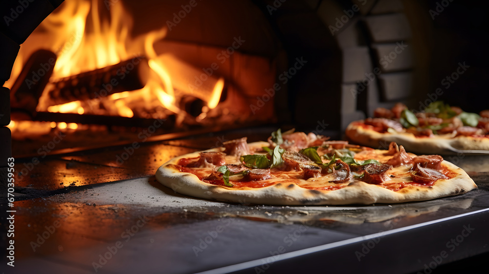 pizza in oven, close-up of a pizza oven with a pizza cooking inside