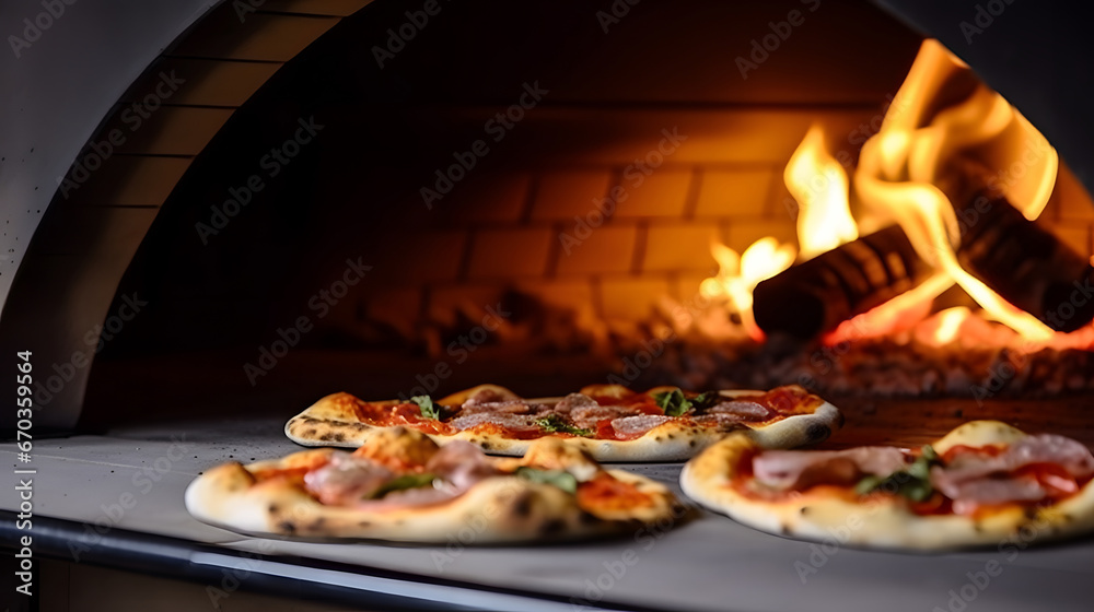 pizza in oven, close-up of a pizza oven with a pizza cooking inside