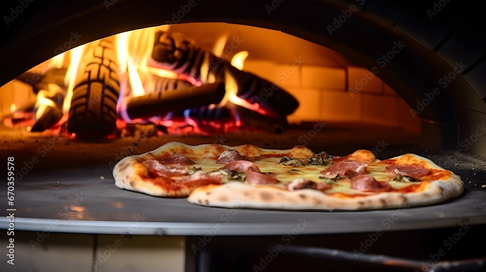 pizza in oven, close-up of a pizza oven with a pizza cooking inside