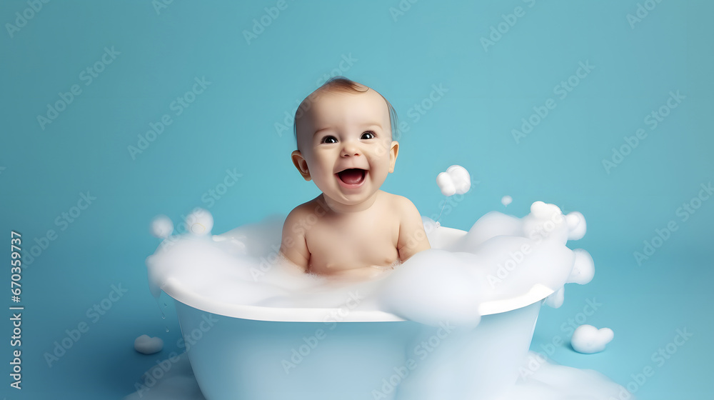 child taking a bath, Cute baby in bathtub