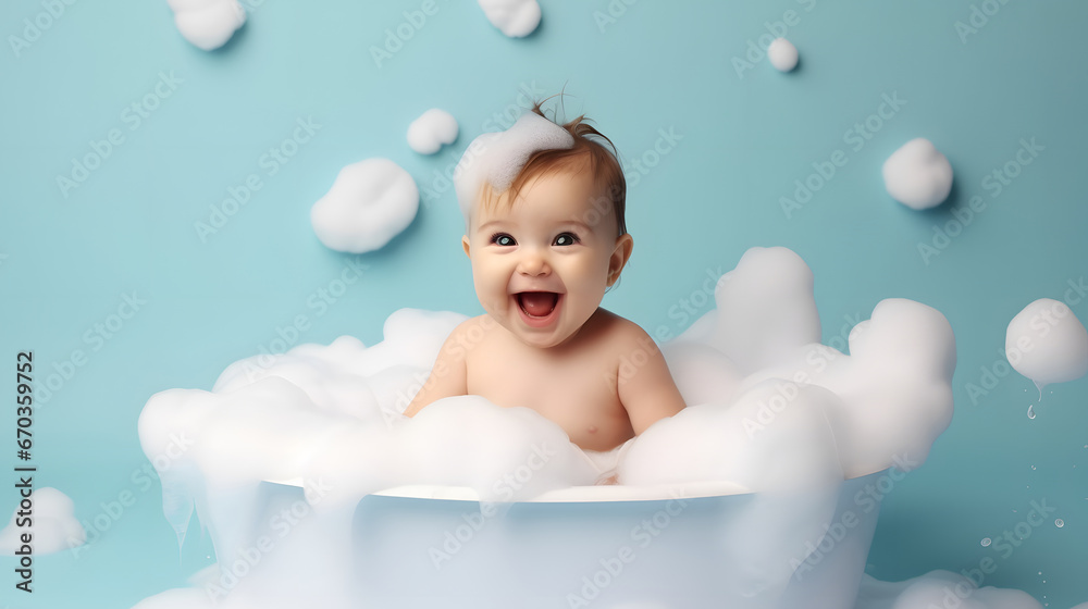 child taking a bath, Cute baby in bathtub