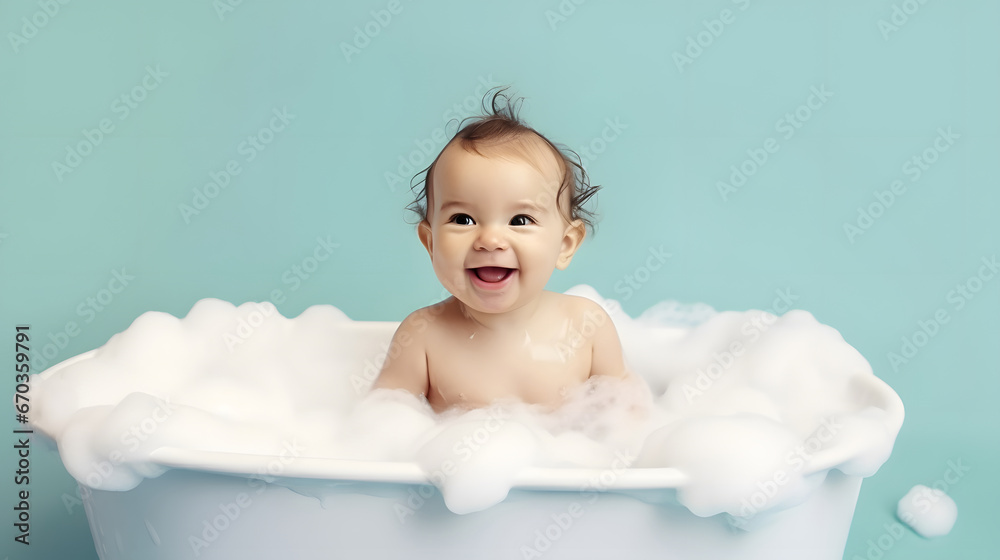 child taking a bath, Cute baby in bathtub