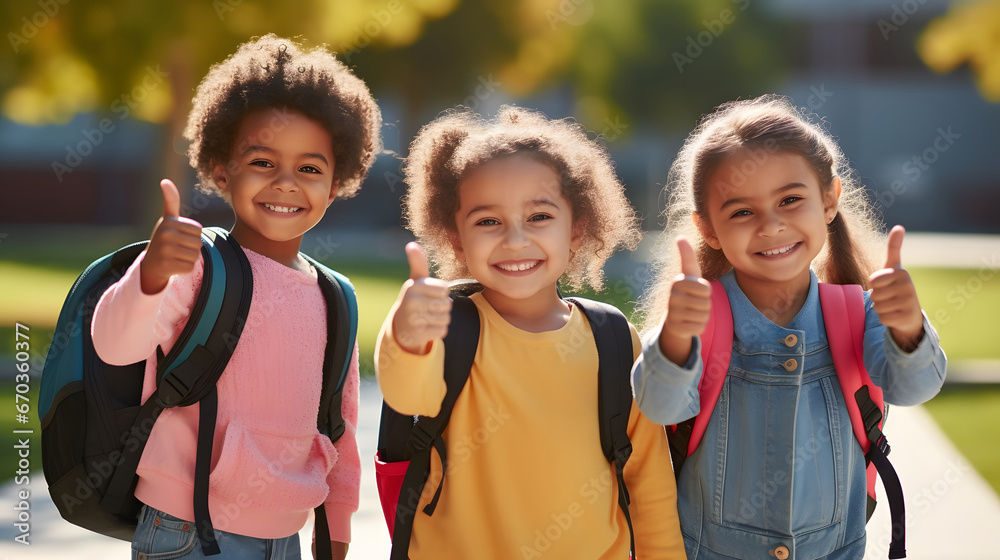 Elementary smiling happy children give thumbs up outdoor at school yard, multiethnic friendship, back to school, child wearing backpack