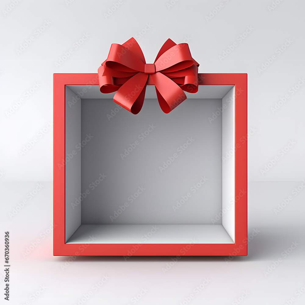 Blank red gift box exhibition booth stand or gift display showcase with red ribbon bow isolated on grey background minimal conceptual 3D rendering