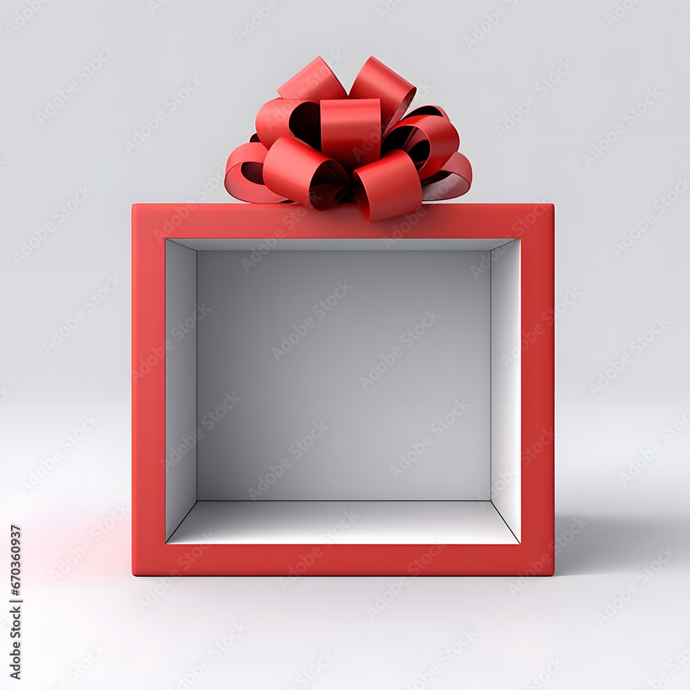 Blank red gift box exhibition booth stand or gift display showcase with red ribbon bow isolated on grey background minimal conceptual 3D rendering