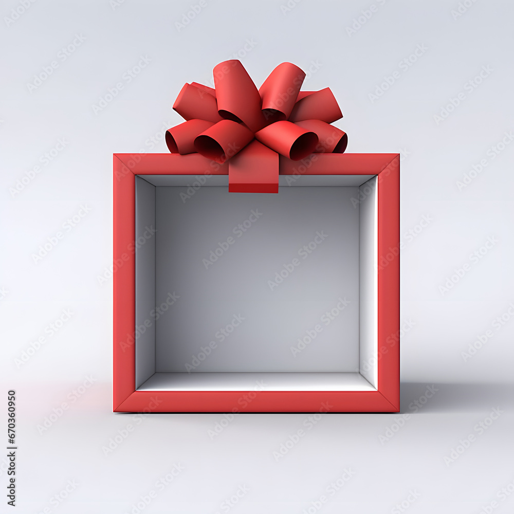 Blank red gift box exhibition booth stand or gift display showcase with red ribbon bow isolated on grey background minimal conceptual 3D rendering