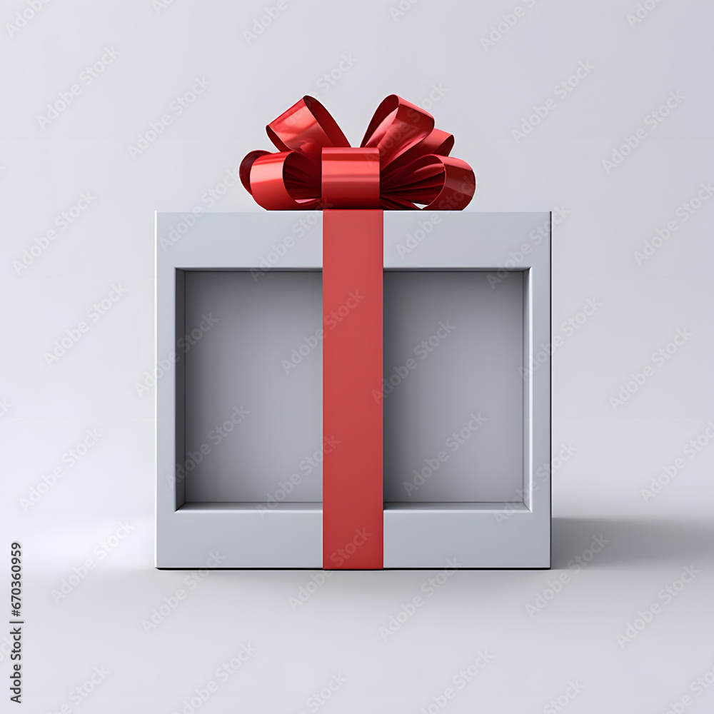 Blank red gift box exhibition booth stand or gift display showcase with red ribbon bow isolated on grey background minimal conceptual 3D rendering