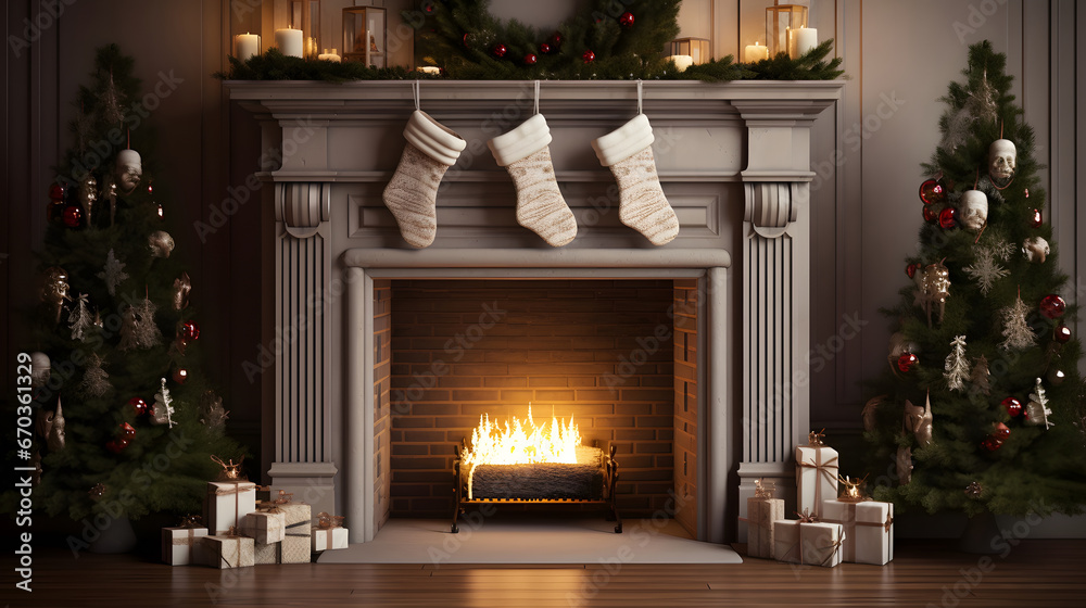 fireplace with a decorated mantel and candles on either side with presents and a wreath on the wall behind the fireplace room decorated for christmas fireplace background