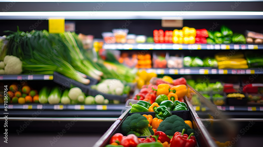 Fruits and vegetables in the refrigerated shelf of a supermarket, shopping in supermarket, 