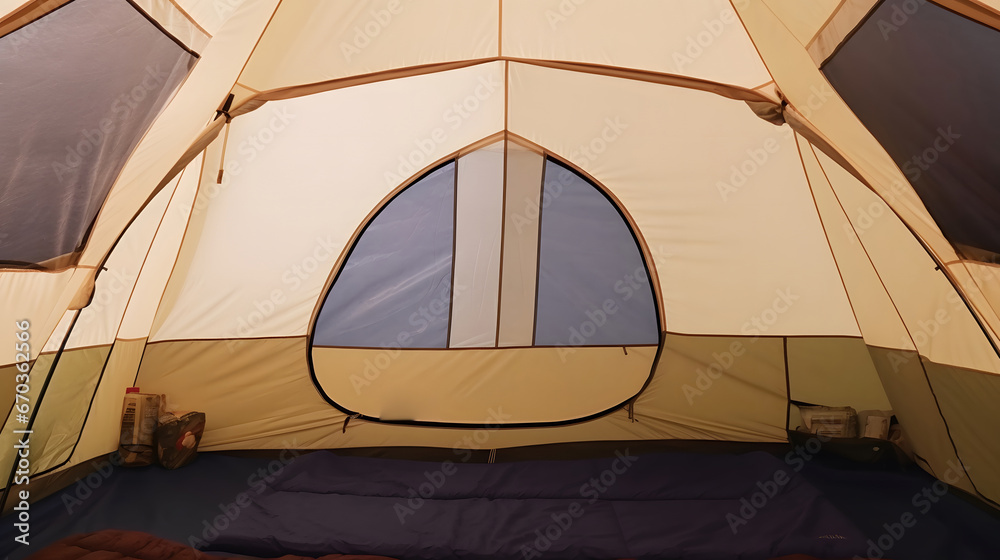 inside of a tent all set up cozy with fairy lights and air mattresses comfortable clean bedding and fur rug. Make it feel cozy and warm like a Pinterest dream