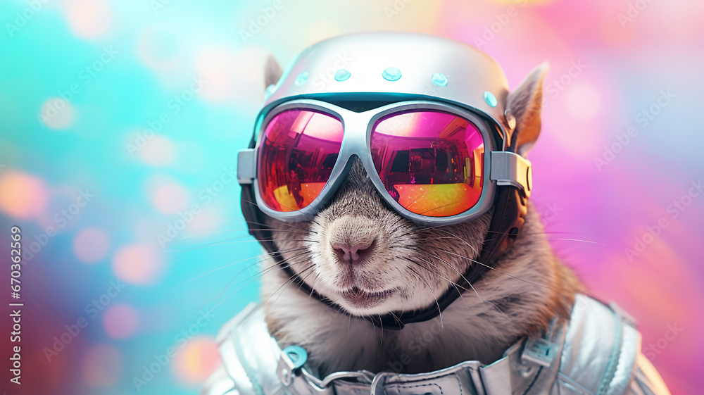 Futuristic cyber squirrel with fashionable clothes and accessories