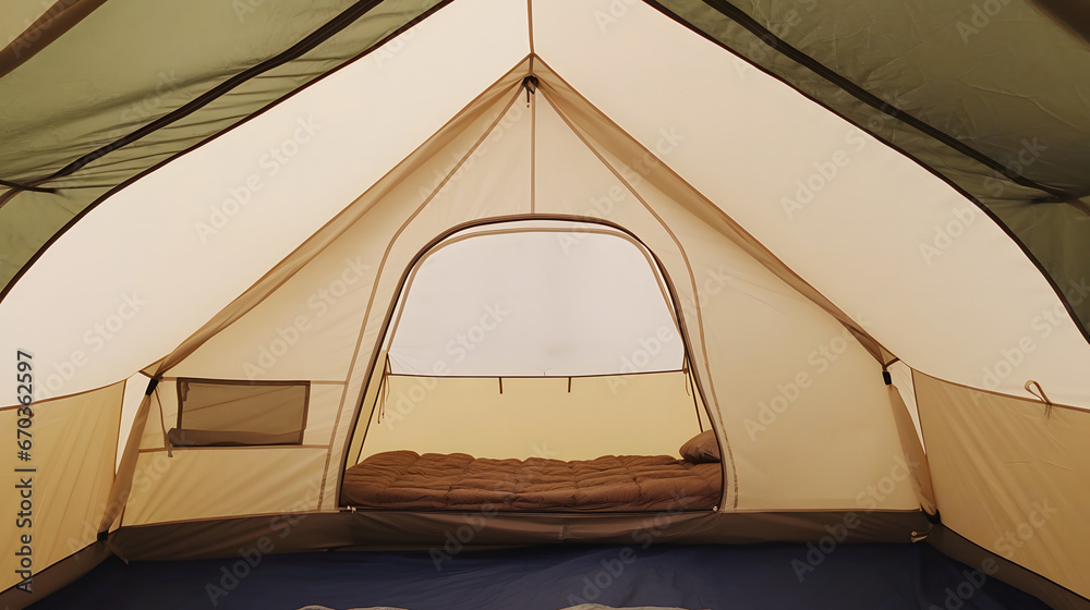 inside of a tent all set up cozy with fairy lights and air mattresses comfortable clean bedding and fur rug. Make it feel cozy and warm like a Pinterest dream