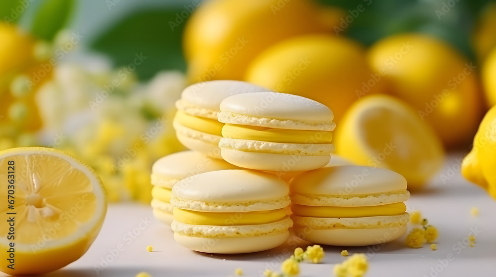 yellow macaroons  with lemon decoration on a wooden table