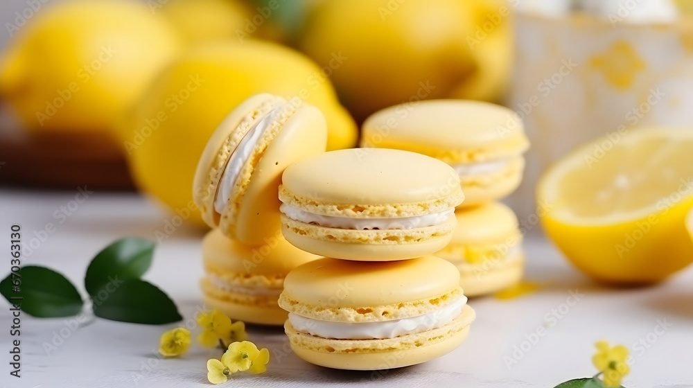 yellow macaroons  with lemon decoration on a wooden table