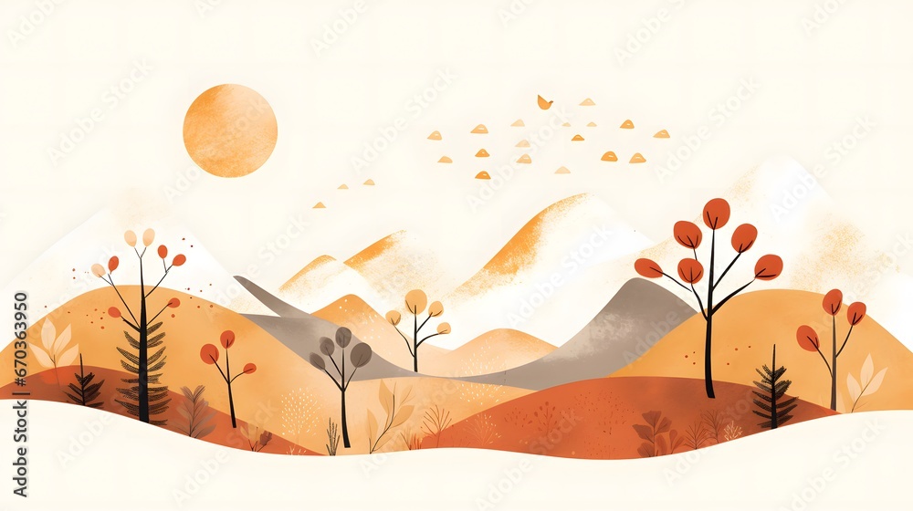 autumn landscape with trees and mountains,  autumn landscape illustration,