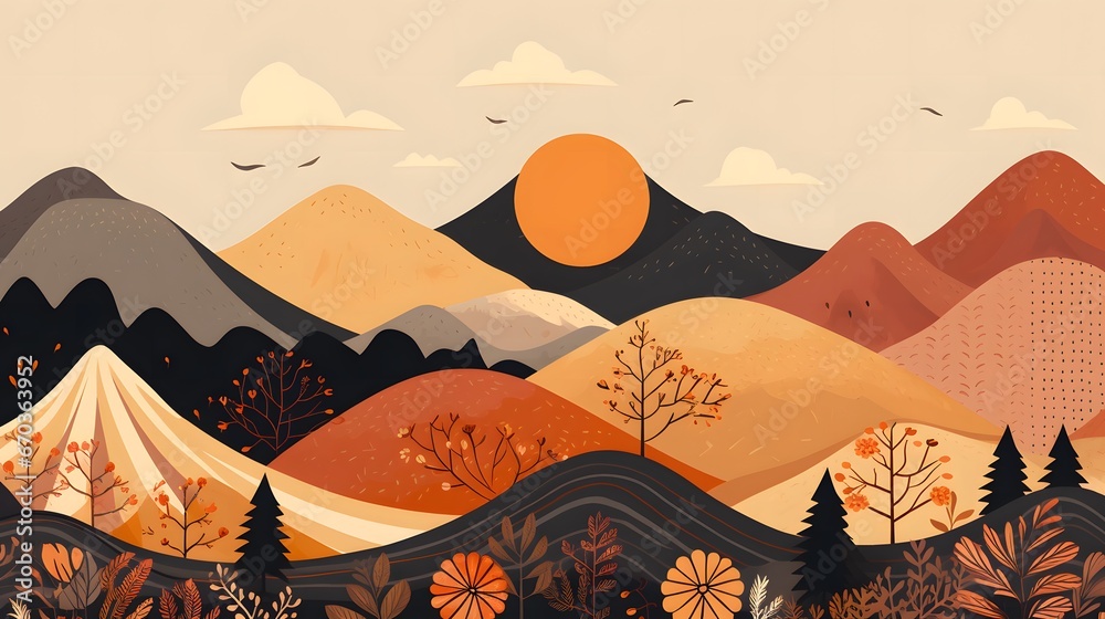 autumn landscape with trees and mountains,  autumn landscape illustration,