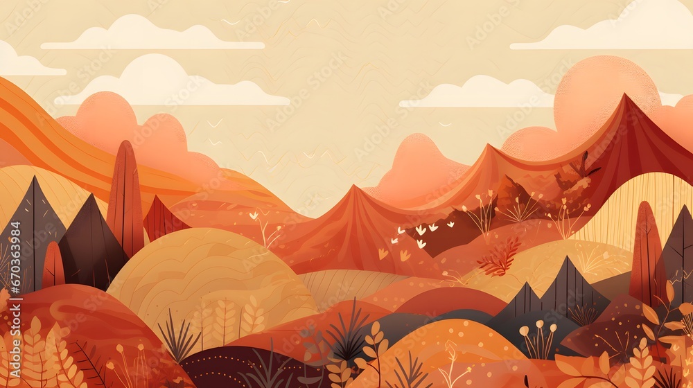 autumn landscape with trees and mountains,  autumn landscape illustration,