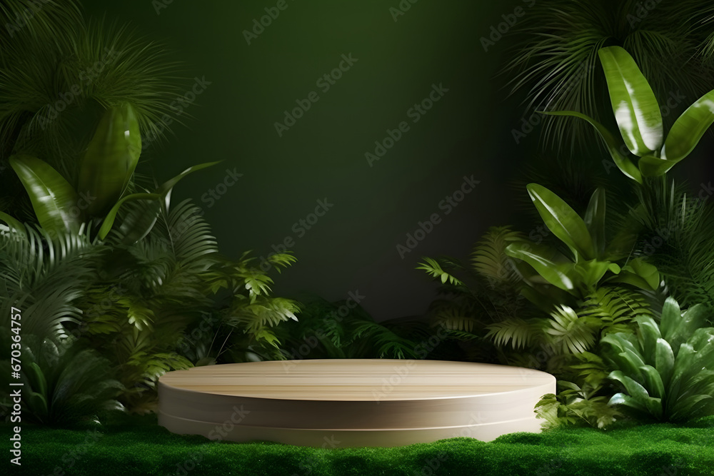 Wood tabletop counter podium floor in outdoors tropical garden forest blurred green leaf plant nature background.Natural product placement pedestal stand display,summer jungle paradise concept.