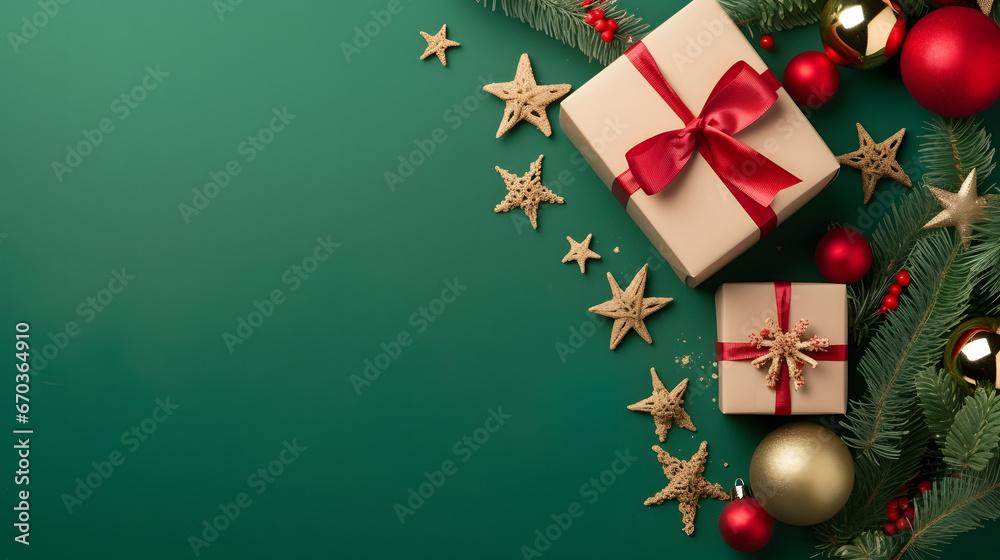 Green background with christmas decorative items such as red bow,gold gift box,gold star,green bow and gold bell,Festive Holiday Decorations,Top view copyspace