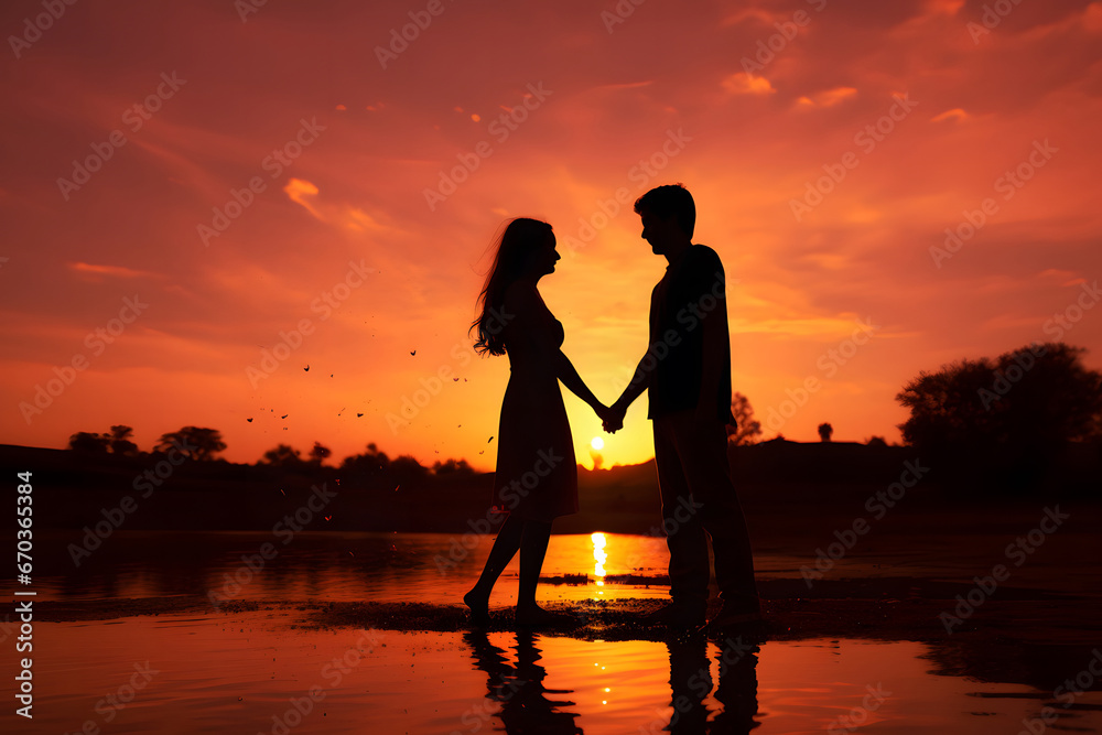 silhouette of a couple on the beach at sunset