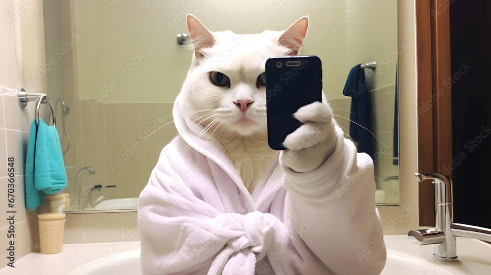 white cat stands in front of the bathroom sink taking a selfie