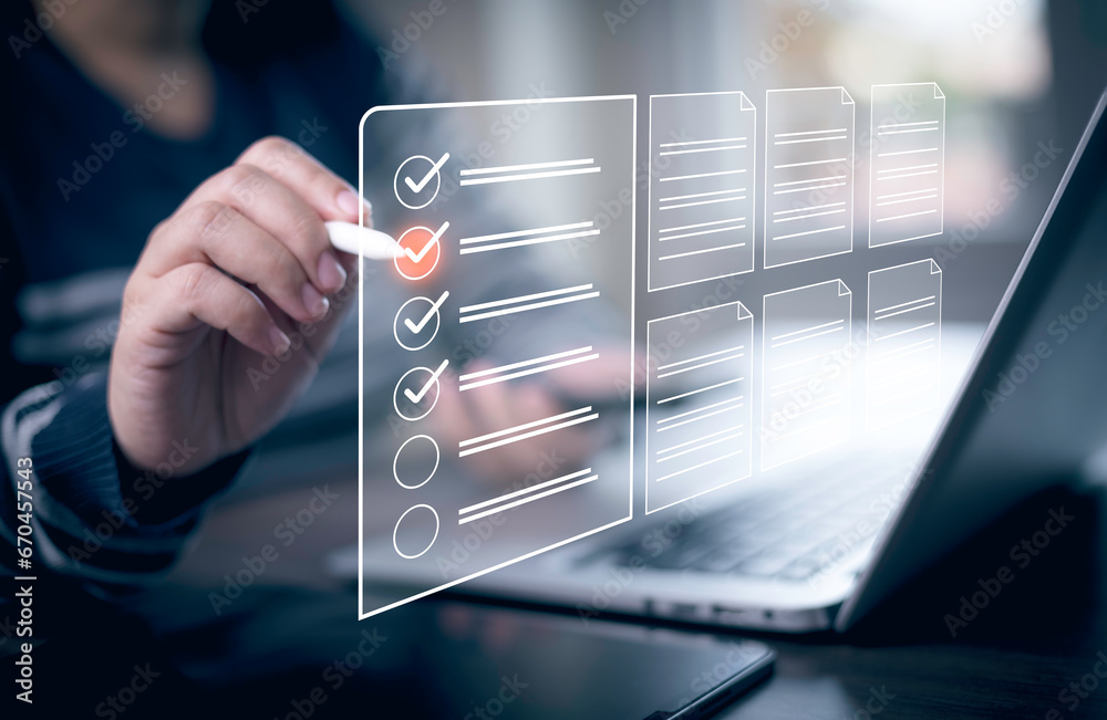 Checklist and clipboard task documentation management Online survey, form checklist by laptop computer, Document Management Checking System, online documentation database and process manage files.