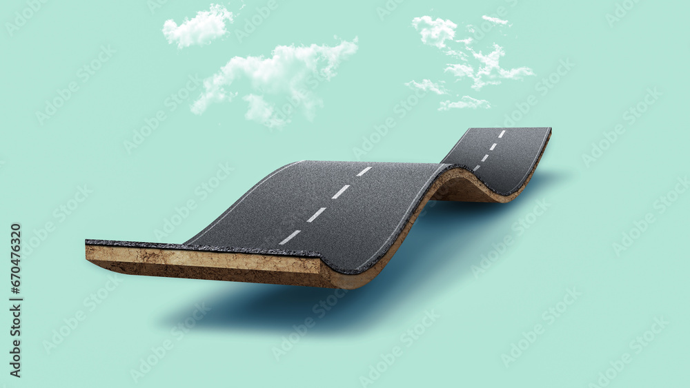 3d illustration of travel and vacation road advertisement, Bending road and highway isolated ads