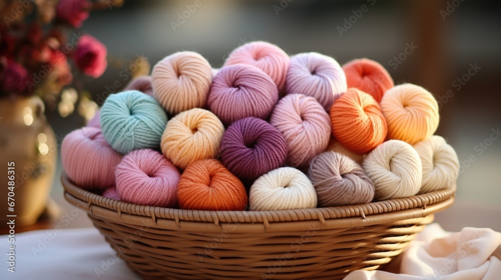 Close-up of coloured skeins of wool thread in a wooden basket. Cosy hobby concept. Generative AI