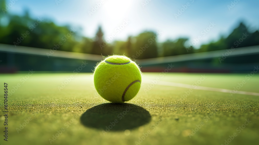 Closeup of tennis ball on empty court. Tennis match on sunny day. Concept of a sporty lifestyle. Generative AI