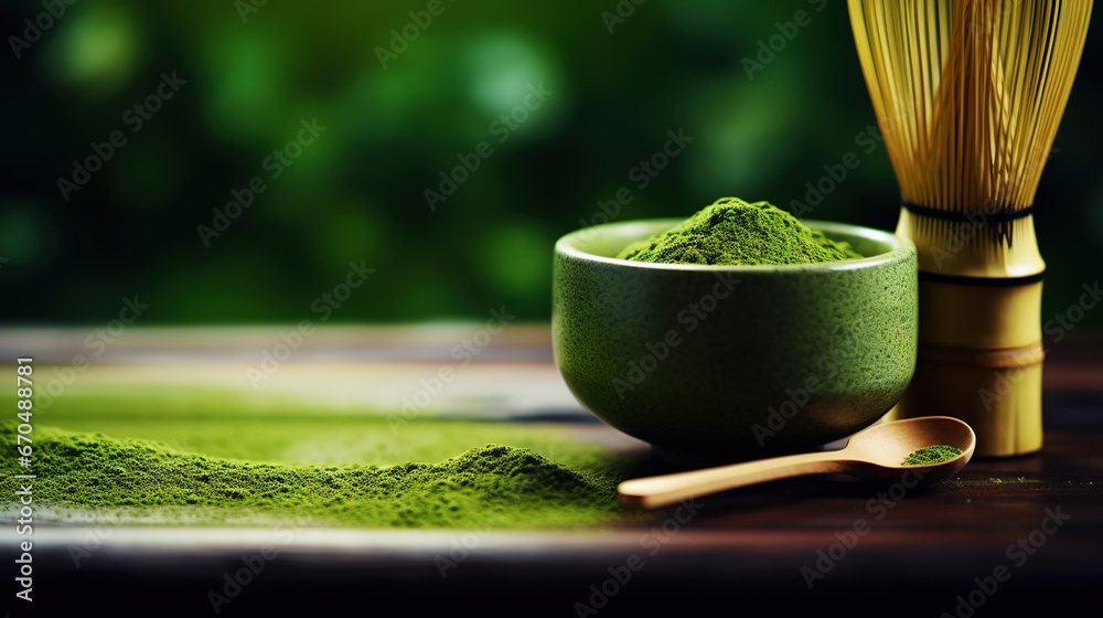 Closeup of matcha tea powder in a wooden plate with whisk on dark background, side view, copy space. Generative AI