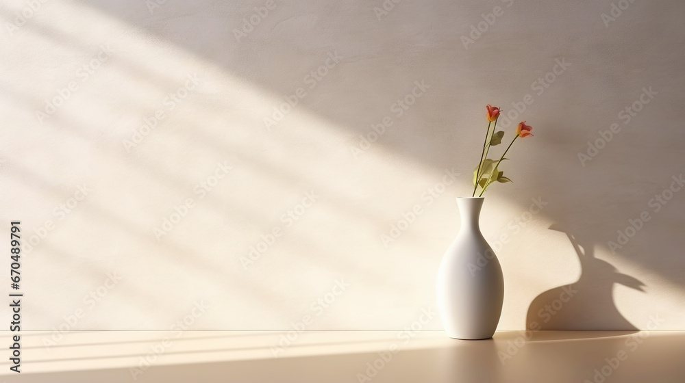 White empty room with vase for flowers, light background with shadows, sunlight Minimalistic concept. Generative AI