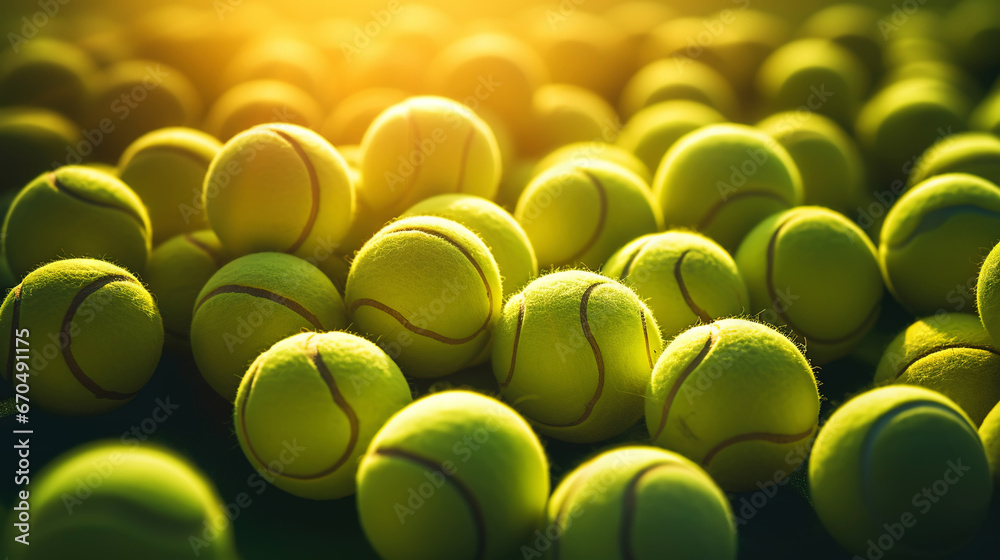 Closeup of a plenty of tennis balls on an empty tennis court, the sunshine. Sports lifestyle concept. Generative AI