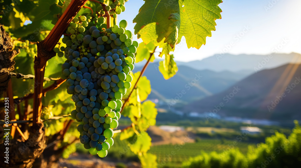 A large bunch of ripe green grapes on the vine, with blurred mountains on background. Generative AI