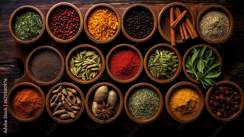 Collection of different aromatic spices and herbs in a wooden plates on dark background, view from above. Generative AI