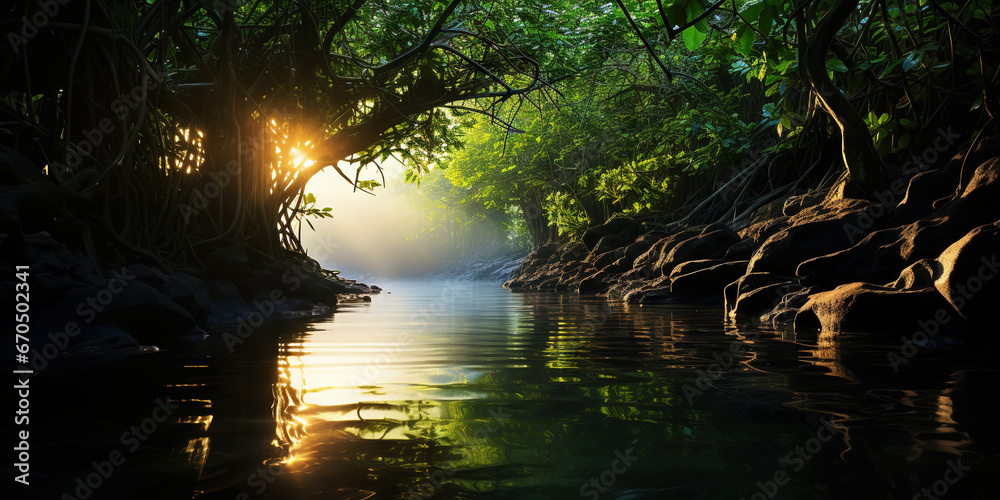 Mangrove forest and calm river in the morning. Minimalist landscape. Generative AI