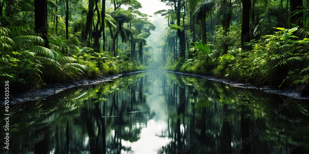 Tropical rainforest around river covered with mist. Generative AI