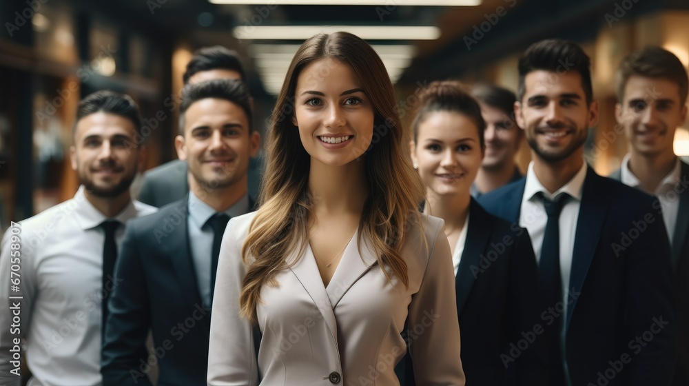 Diverse professional leaders looking at camera stand with employees.