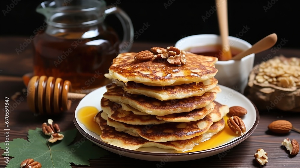 Vegetarian breakfast of fritters with nuts and tea, honey.