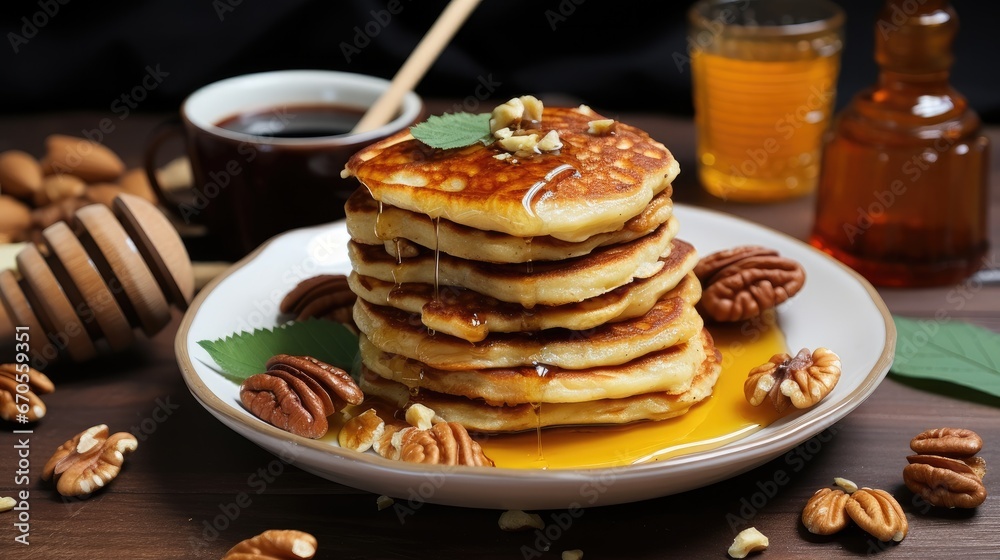 Vegetarian breakfast of fritters with nuts and tea, honey.