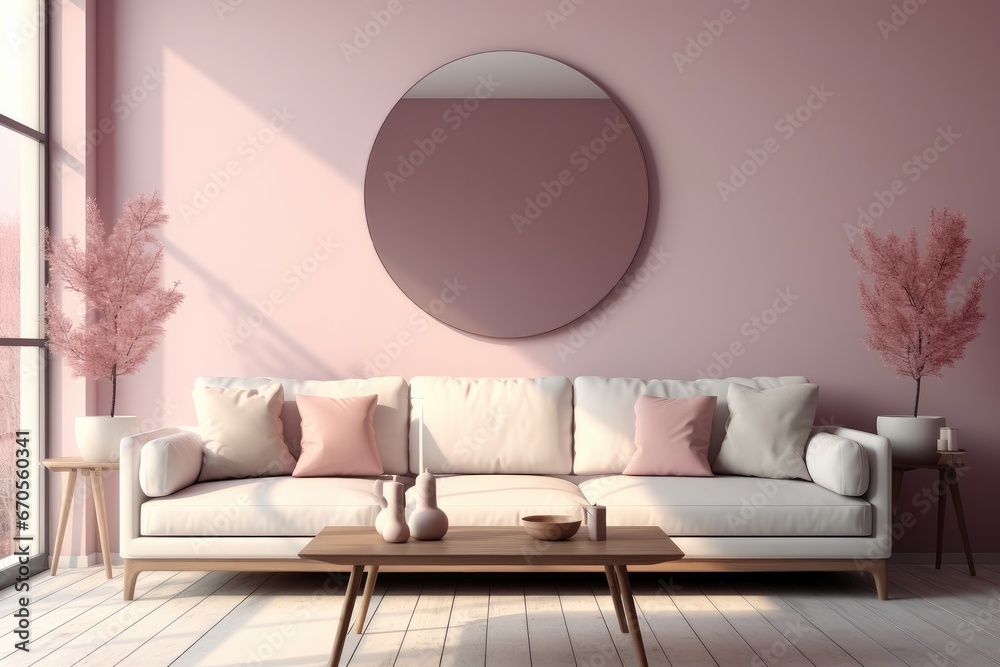 A living room render realistic warm minimalist style pale pink decoration white walls and mirror on the wall.