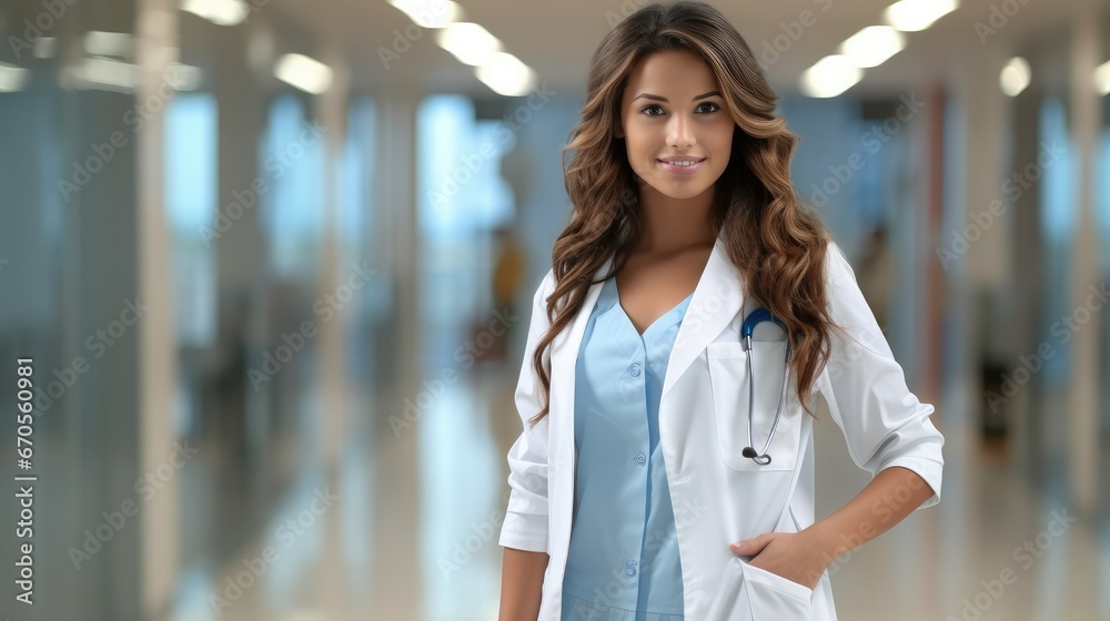 Confident female doctor medical professional in hospital.