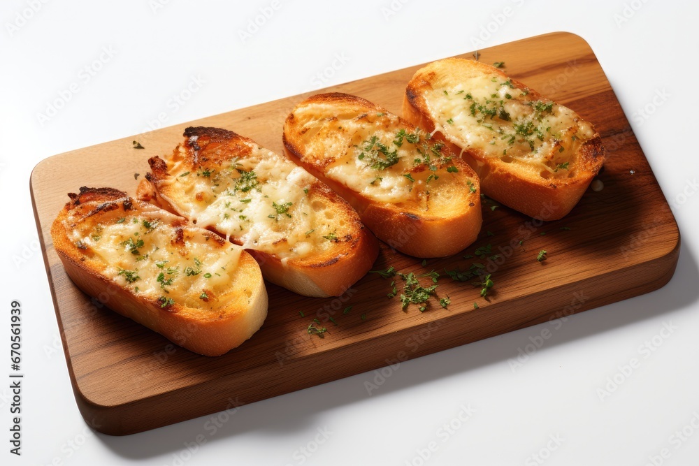 Garlic bread on wooden board.